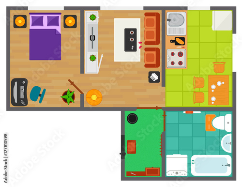 detailed apartment furniture overhead top view