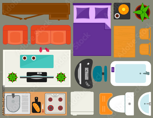 apartment furniture set overhead top view