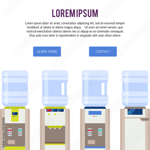 Vector flat illustration with water cooler and bottle. Modern te