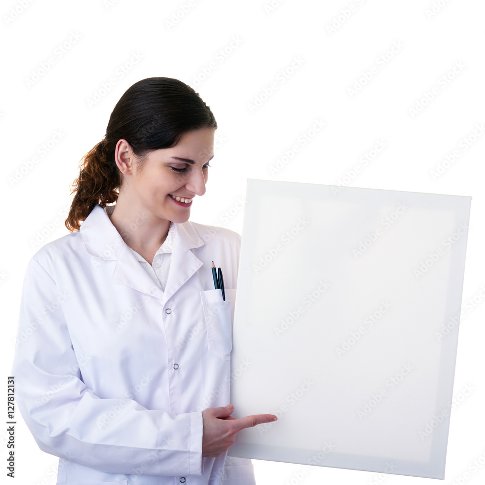 Female doctor assistant scientist in white coat over isolated background Female doctor assistant scientist in white coat over isolated background