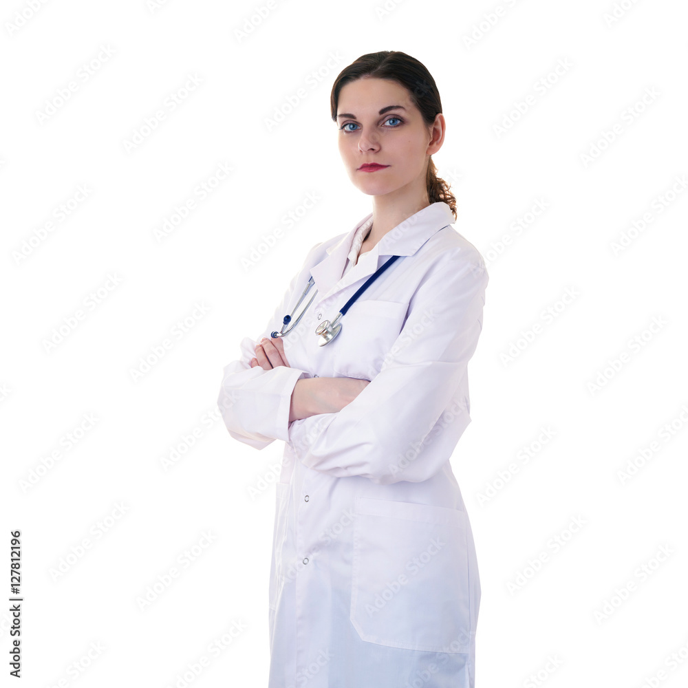 Female doctor assistant scientist in white coat over isolated background Female doctor assistant scientist in white coat over isolated background