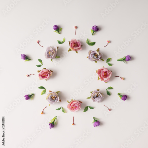 Creative arrangement of various flowers.