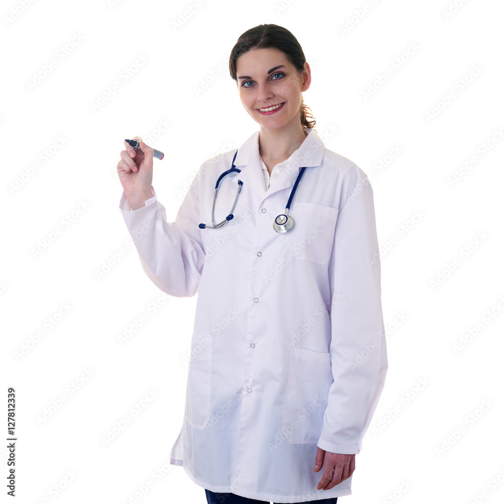 Female doctor assistant scientist in white coat over isolated background Female doctor assistant scientist in white coat over isolated background