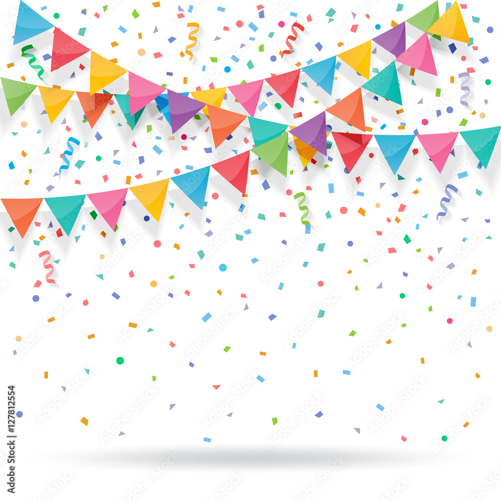 Colorful explode confetti with buntings and ribbons - obrazy, fototapety, plakaty 