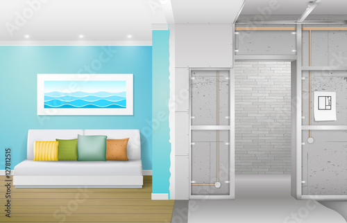 Interior under construction. Frame drywall, design and complete living room. Vector graphics