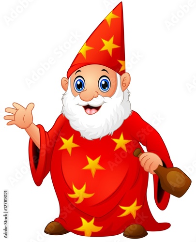 Red old wizard holding a bottle