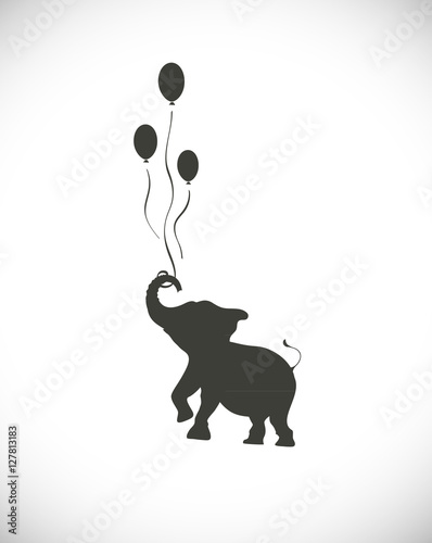 The detailed silhouette of an elephant  with holiday balloons. Graphic icon. 
