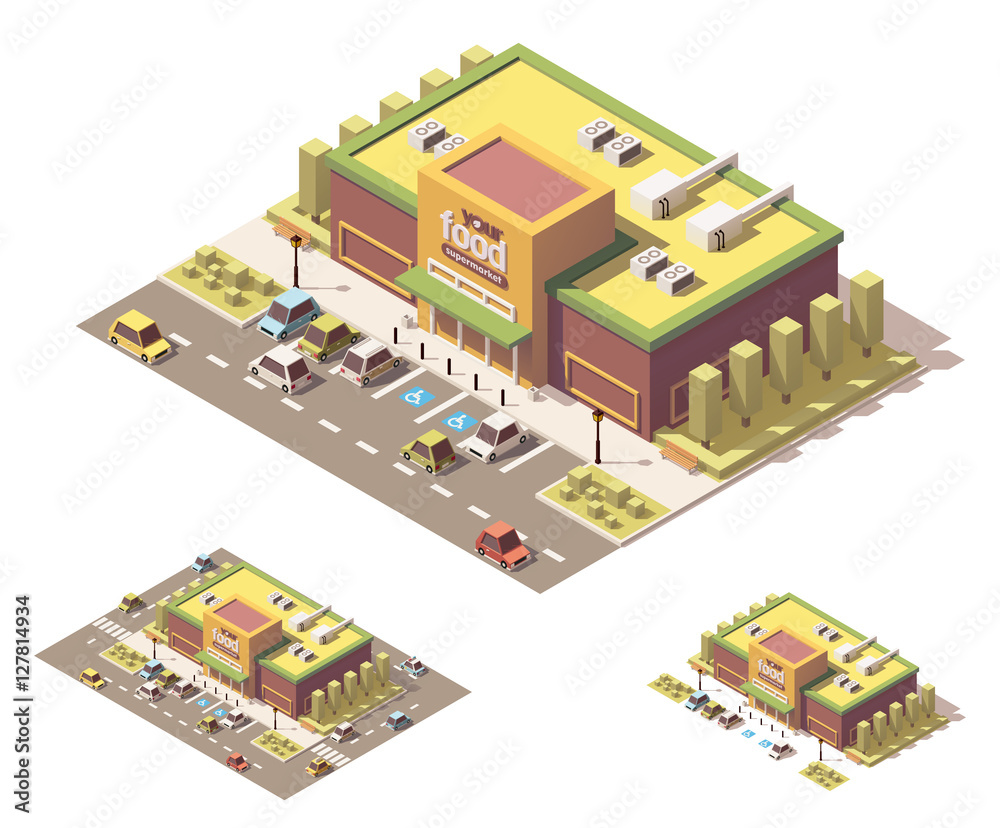 Vector isometric low poly supermarket