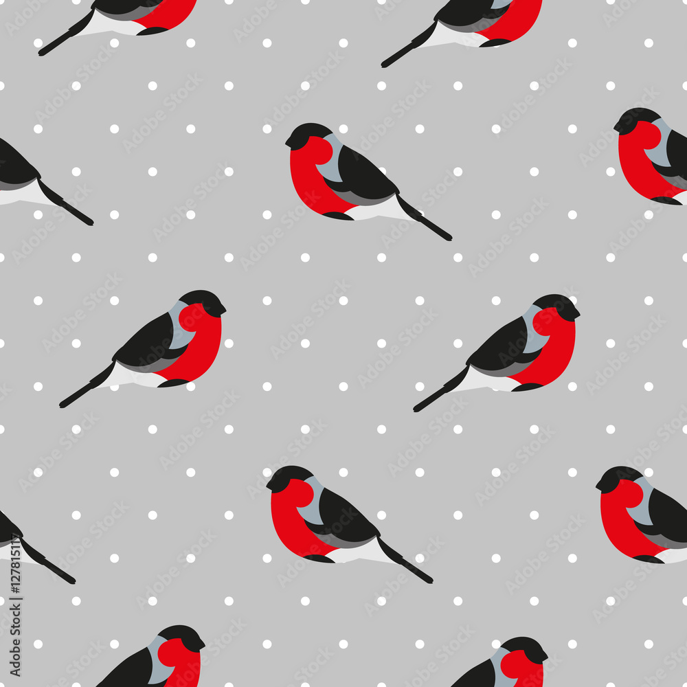 Bullfinch birds among the dots