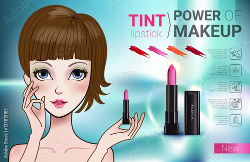 Vector Illustration with Manga style girl and makeup lipstick product.