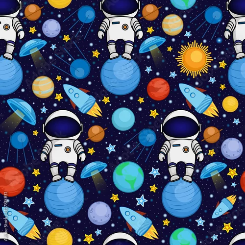 Tapety Kolorowy bezszwowy kreskówki przestrzeni wzór z astronautami, rakiety, planety, gwiazdy na gwiaździstym nocnego nieba tle, wektorowa ilustracja. Ładny i jasny wzór podróży kosmicznych