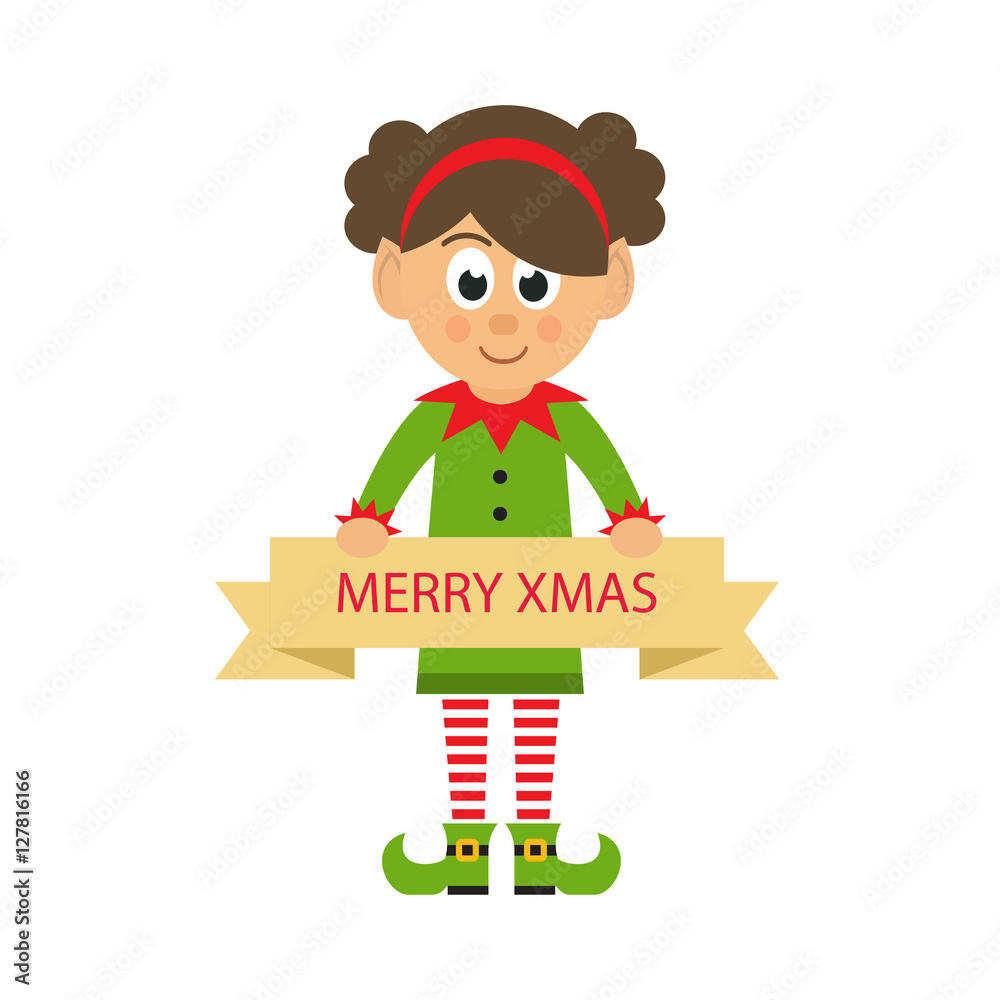 cartoon christmas elf girl with a sign on a white background cartoon christmas elf girl with a sign on a white background