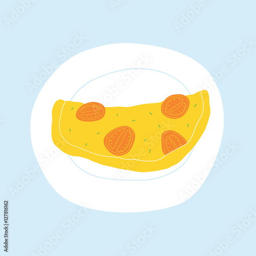 Hand drawn tomato omelet vector illustration. Stylized kitchen breakfast illustration. Cartoon omelette on the plate