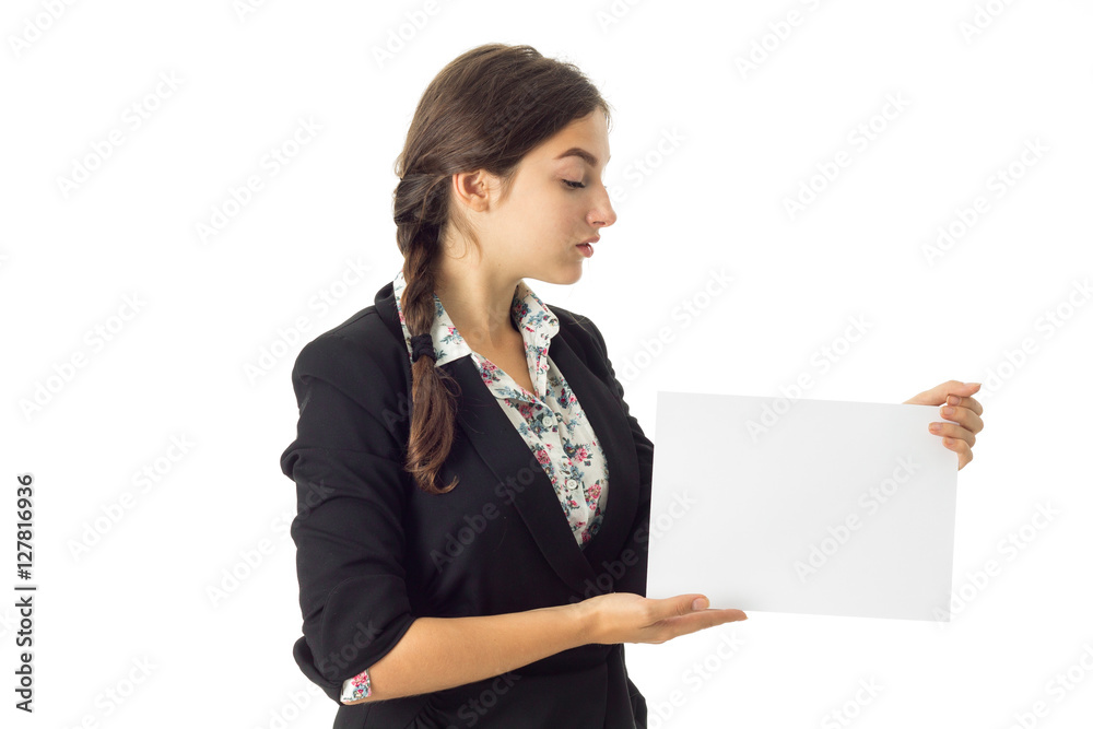 woman in uniform with white placard in hands woman in uniform with white placard in hands