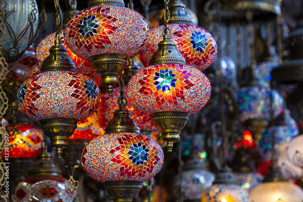 Traditional Asian lanterns of colored glass on the market