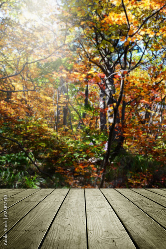 Wooden empty and blur autumn background.
