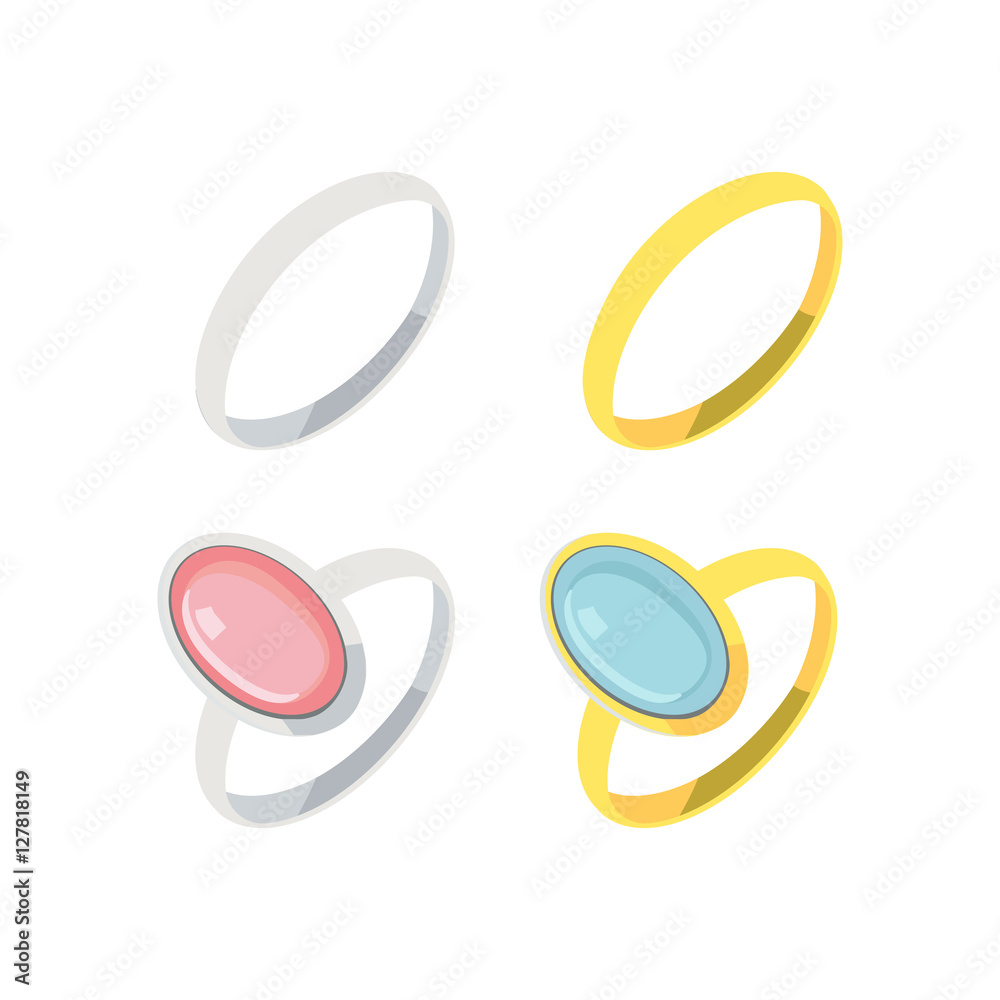 Silver and gold rings. Wedding rings. Rings with semiprecious stones. Vector illustration.