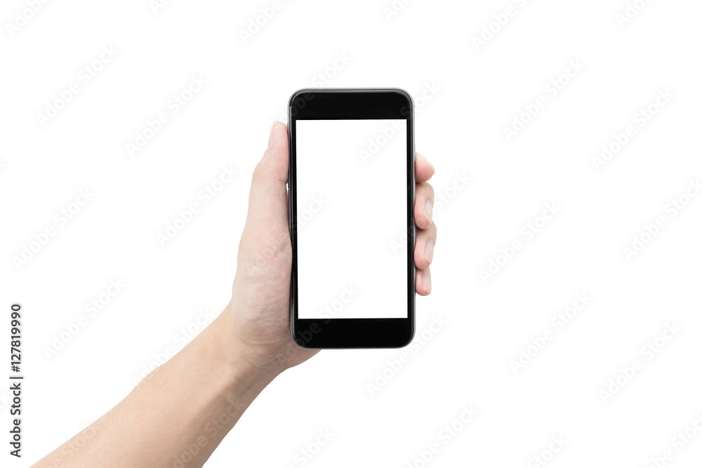 Hand is holding a smartphone wite blank mockup screen isolated on white background.