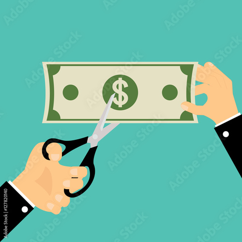 Businessman Hands holding scissors and cutting money. Business c