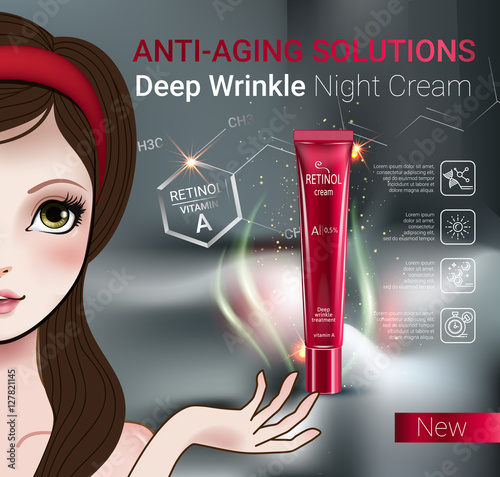 Vector Illustration with Manga style girl and Retinol cream tube.