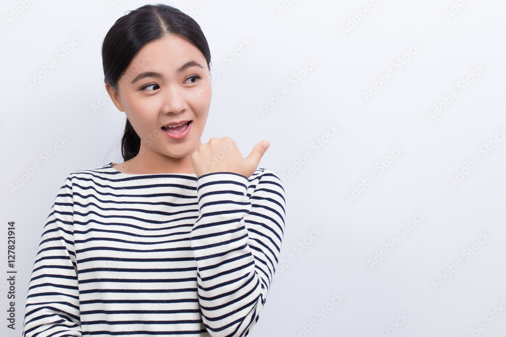 Asian woman show the copy space isolated on white background Asian woman show the copy space isolated on white background
