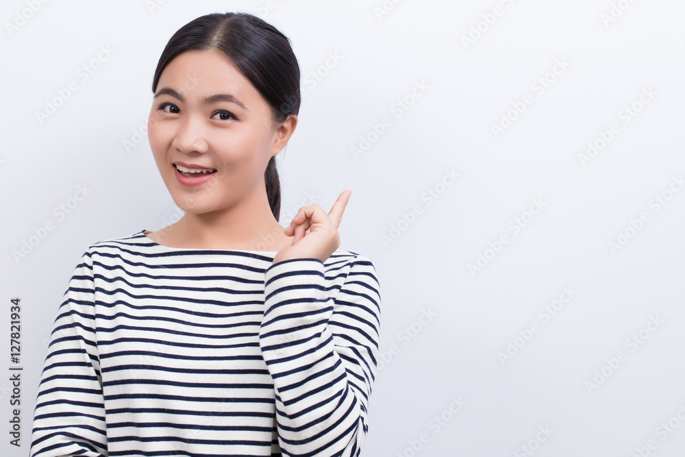 Asian woman show the copy space isolated on white background Asian woman show the copy space isolated on white background
