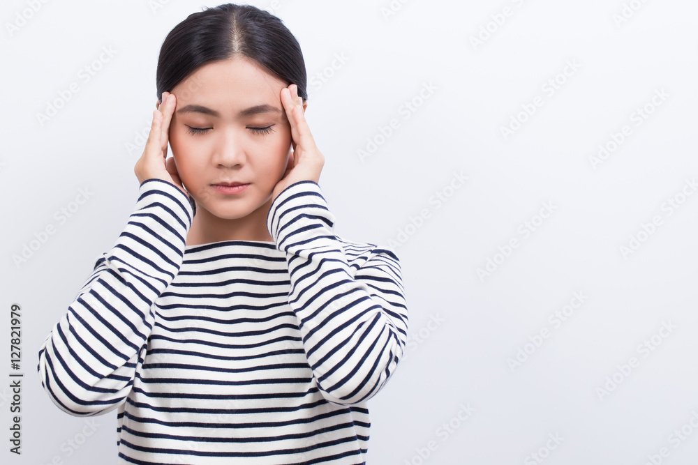 Woman has head ache isolated on white background Woman has head ache isolated on white background