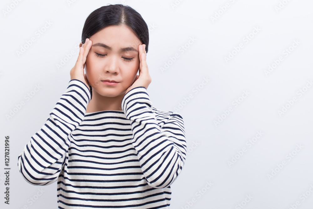 Woman has head ache isolated on white background Woman has head ache isolated on white background