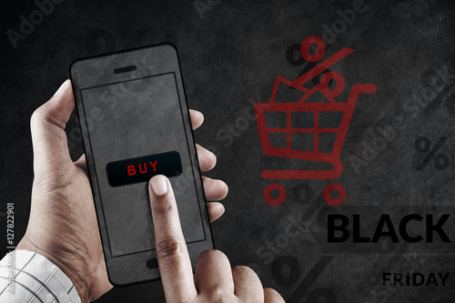 Black Friday Online Shopping Concept, Hand using Mobile to Buy Online Product, Sale and Promotional on Black Friday photo