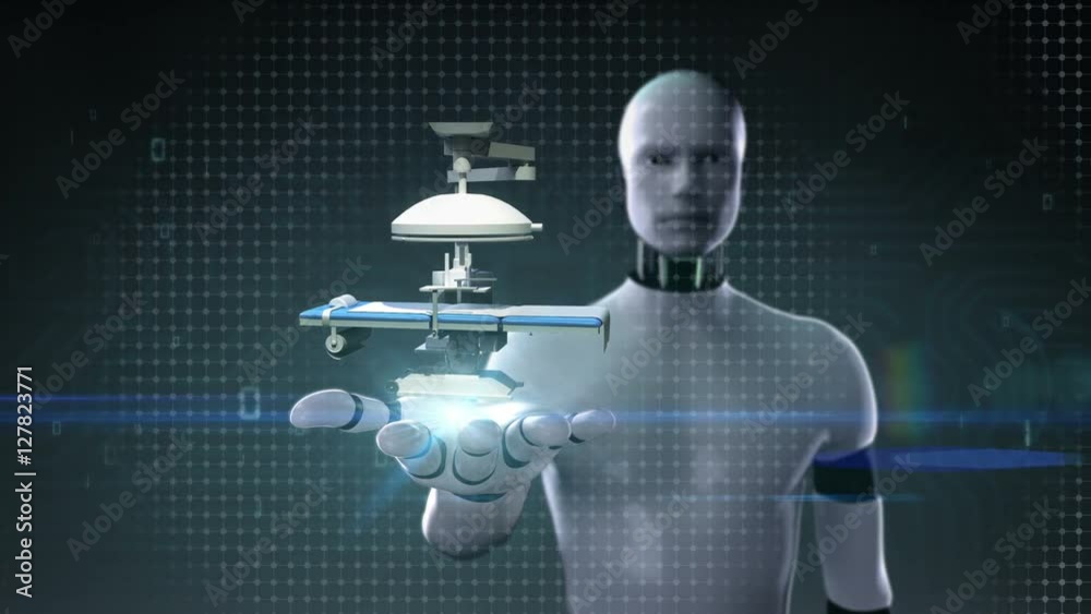 Vidéo Stock Robot, cyborg open palm, Zooming female Human body scanning ...