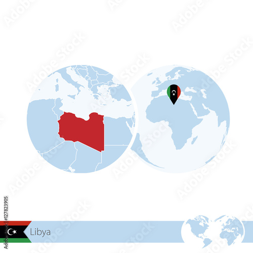 Libya on world globe with flag and regional map of Libya. photo