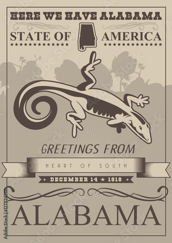 Alabama vector poster. American travel banner. Illustration about United States of America. Background with USA theme