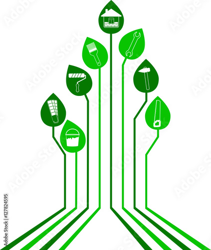 Abstract Remodeling background - connected leaves integrated flat icons. Growth tree idea with home remodel, repair home, construction and repair home, renovated house. . Stock vector. Flat design