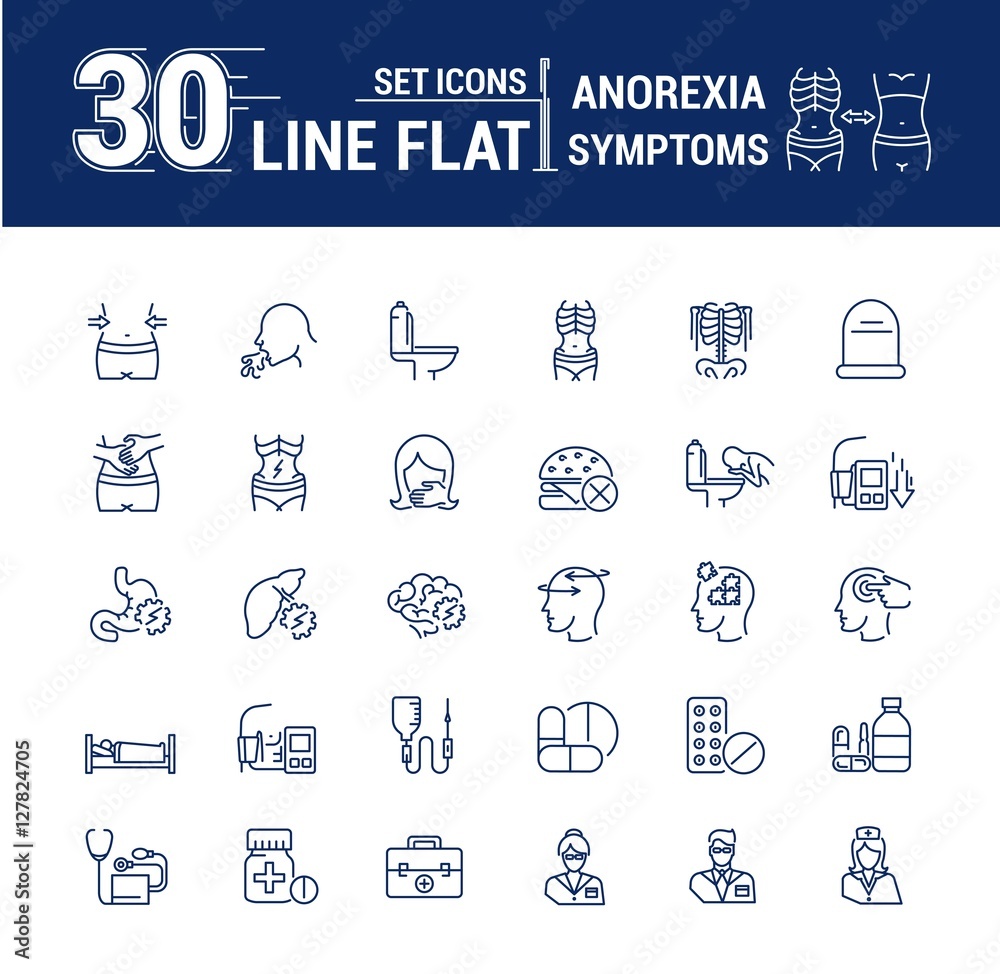 Vector set graphic logo, icon. Anorexy. Concept psychological disease. Vomitig, weight loss. Symptoms, disorder. Linear, flat, contour, thin. App, template, infographic. Symbol, element, emblem.