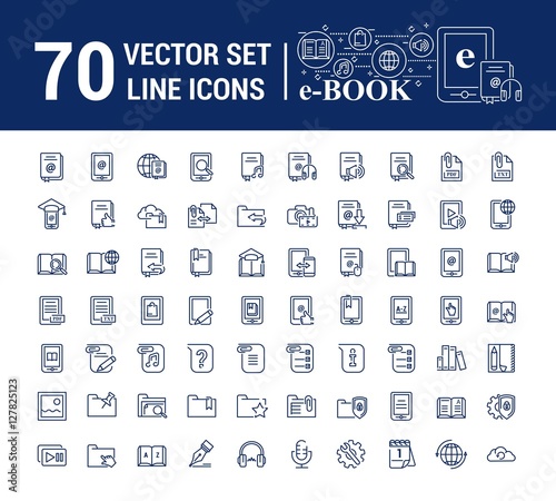 Vector graphic set.Logo, icon. E-book, pocket book. Linear, flat, contour, thin design. App, Template, infographic. Symbol, element, emblem, smart technologies. Modern gadget online library education.