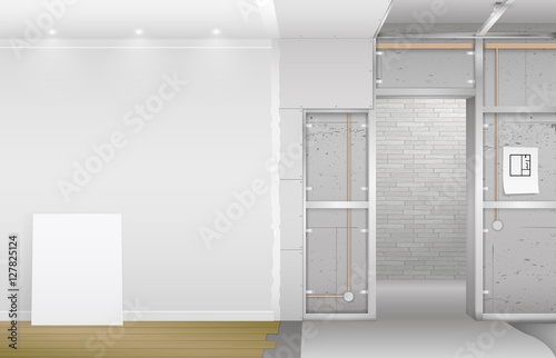 Interior under construction. Frame drywall, design and complete living room. Vector graphics photo