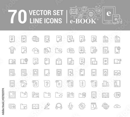 Vector graphic set.Logo, icon. E-book, pocket book. Linear, flat, contour, thin design. App, Template, infographic. Symbol, element, emblem, smart technologies. Modern gadget online library education.
