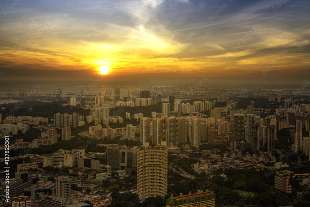 abstract scene sunset of cityscape and yellow sun and sky - can use to display or montage on product