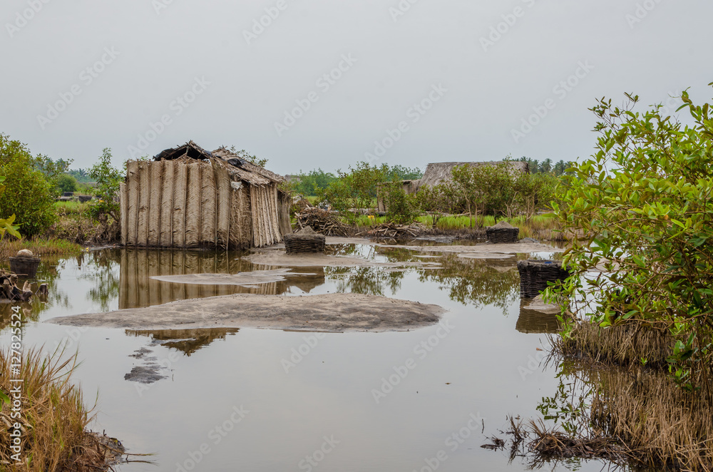 Simple reed mat homes of poor fishermen in wetlands of Benin - obrazy, fototapety, plakaty 