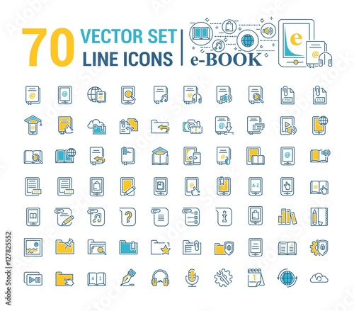 Vector graphic set.Logo, icon. E-book, pocket book. Linear, flat, contour, thin design. App, Template, infographic. Symbol, element, emblem, smart technologies. Modern gadget online library education.
