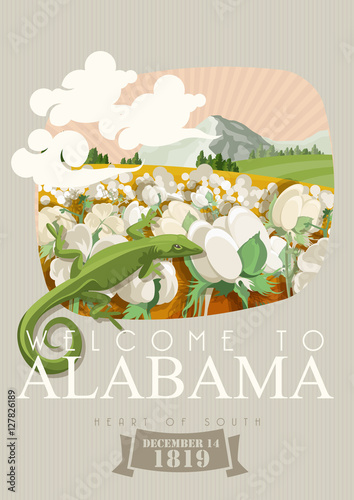 Alabama vector poster. American travel banner. Illustration about United States of America. Background with USA theme
