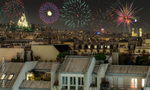 Aerial view of Paris, France at night. photo