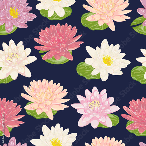 Seamless pattern with water lily. Collection decorative floral design elements. Flowers and leaves. Vintage hand drawn vector illustration in watercolor style.