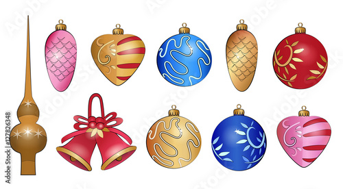 Christmas decorations set/ Vector selection of baubles including balls, cone, bells, topper on white background