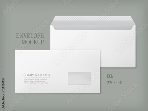 Open and closed white empty envelopes for letters and documents. Paper blank template with transparent window. Mockup post envelope. Vector illustration isolated on gray background.
