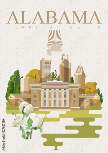 Alabama vector poster. American travel banner. Illustration about United States of America. Background with USA theme