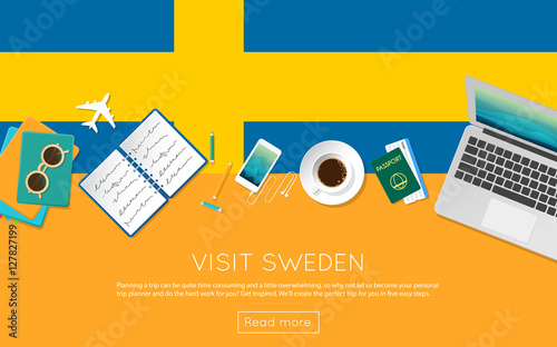 Visit Sweden concept for your web banner or print materials. Top view of a laptop, sunglasses and coffee cup on Sweden national flag. Flat style travel planninng website header.
