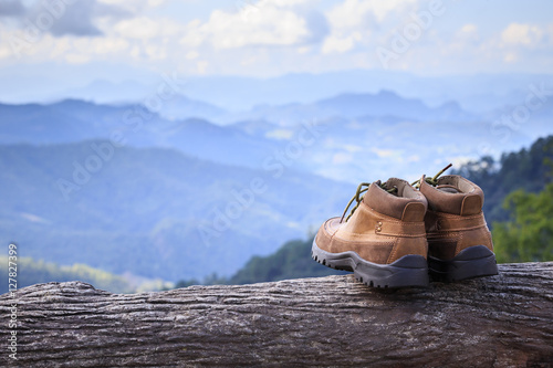 Billede på lærred New brown leather shoe on mountain view point. Adventure concept