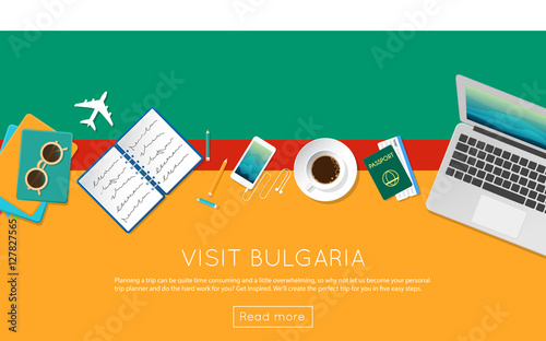 Visit Bulgaria concept for your web banner or print materials. Top view of a laptop, sunglasses and coffee cup on Bulgaria national flag. Flat style travel planninng website header.