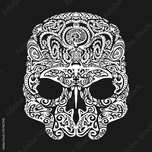 Skull tattoo in the style of Maori with marine life. Sea creatures
